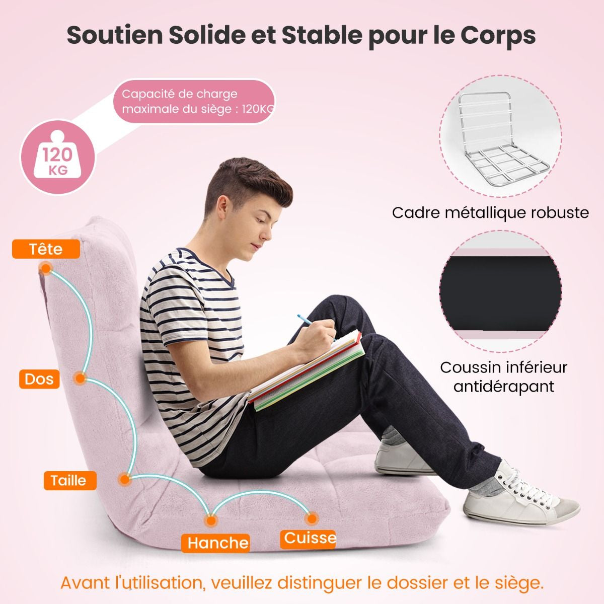Pliable Chaise de Méditation Canapé-Lit avec 14 Positions Réglables - Dimensions 54,5 x 54,5 x 56 cm - Disponible en 12 Couleurs