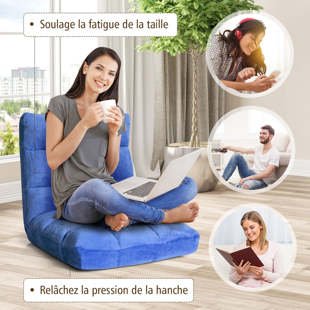 Pliable Chaise de Méditation Canapé-Lit avec 14 Positions Réglables - Dimensions 54,5 x 54,5 x 56 cm - Disponible en 12 Couleurs
