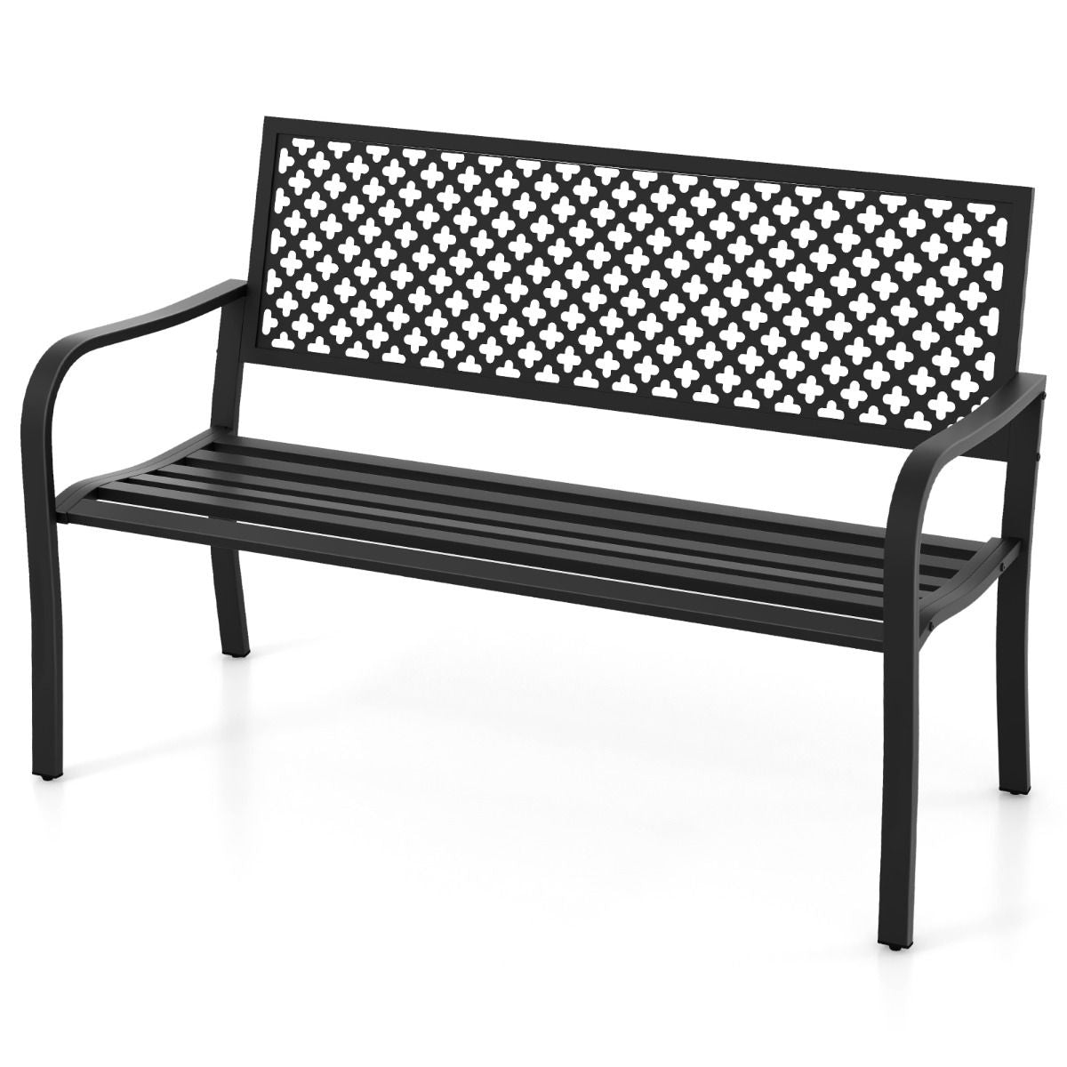 Banc de jardin en métal pour deux personnes, avec dossier ajouré et siège à lattes, moderne, 127 cm, noir/rouge.
