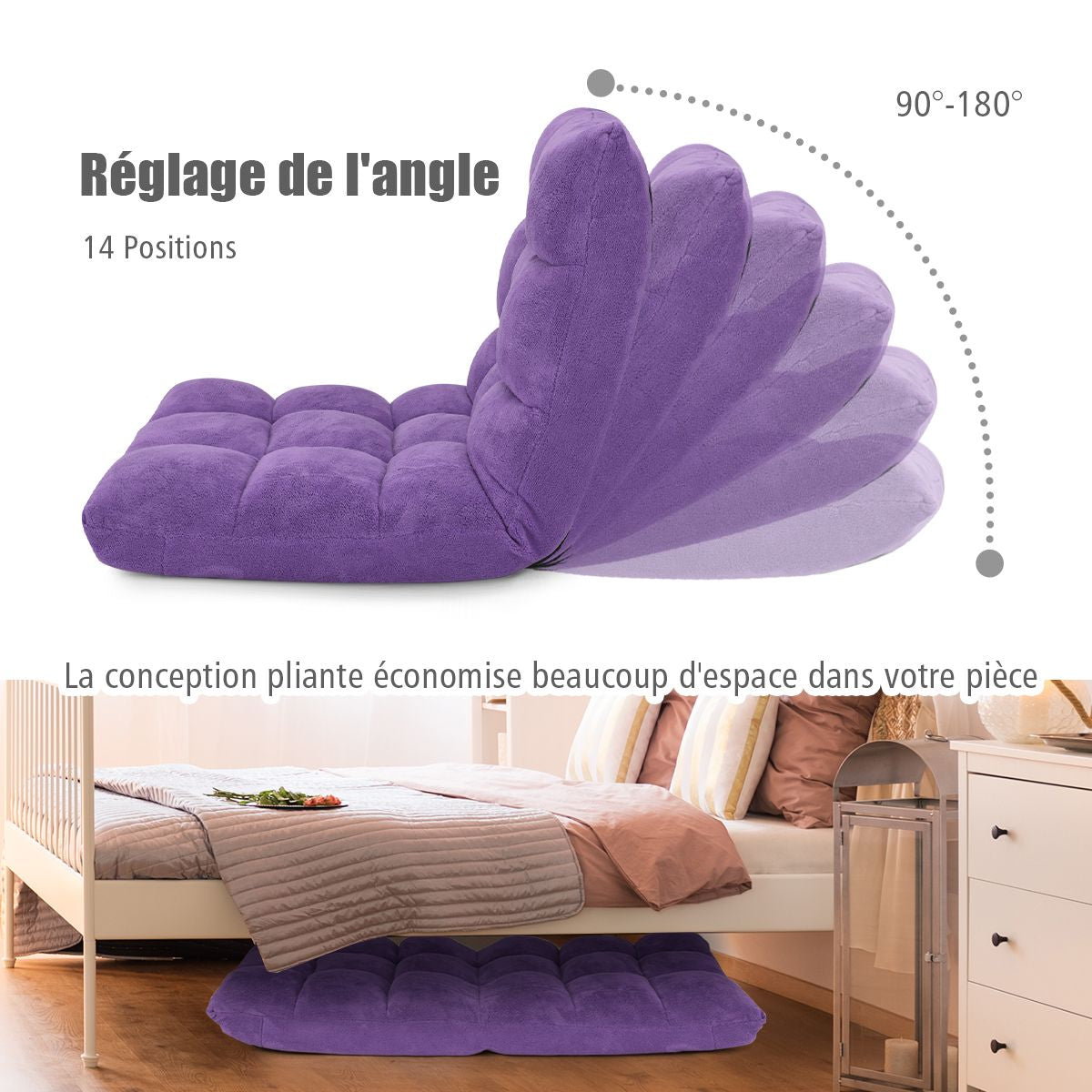 Pliable Chaise de Méditation Canapé-Lit avec 14 Positions Réglables - Dimensions 54,5 x 54,5 x 56 cm - Disponible en 12 Couleurs